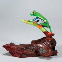 John Perry Red Eyed Tree Frog Sculpture, Hand-Painted Resin On Burlwood - thumbnail 4