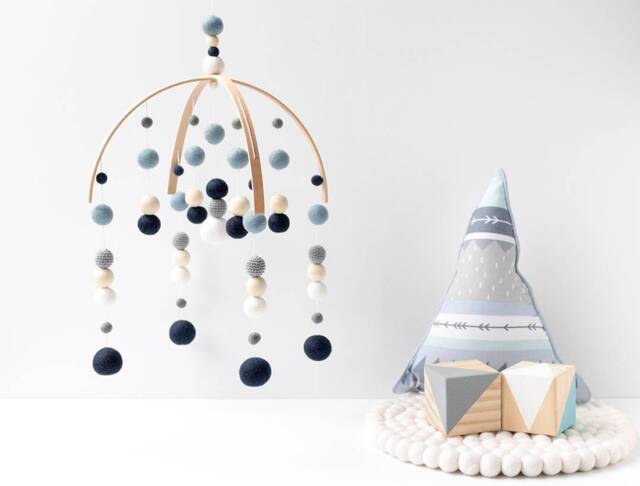 Navy Blue & Grey Baby Mobile - Boy Felt Pom Crib Boys Minimalist Nursery Cot Wooden Arch Ceiling Decoration - image 1