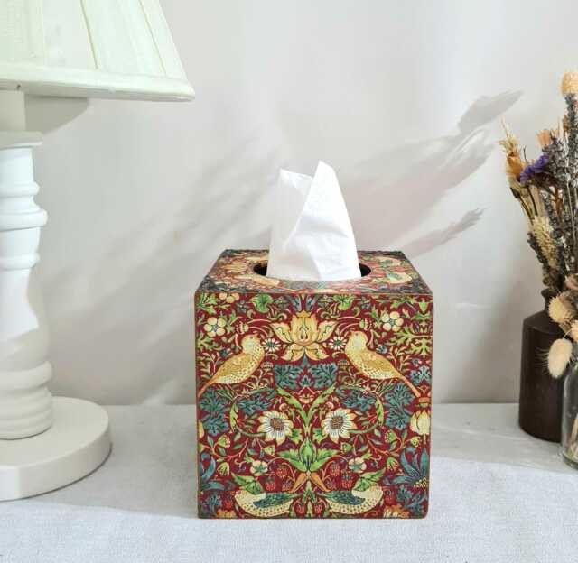 William Morris Floral Birds Tissue Box, Red Strawberry Thief Cover, Hand Decorated - image 1