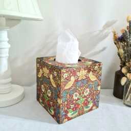 William Morris Floral Birds Tissue Box, Red Strawberry Thief Cover, Hand Decorated - thumbnail 2