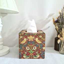 William Morris Floral Birds Tissue Box, Red Strawberry Thief Cover, Hand Decorated - thumbnail 3