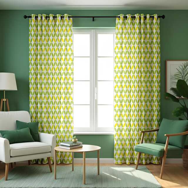 Green Geometric Curtains, Modern Abstract Pattern Custom Made Drapes, Eyelet Or Rod Pocket Panels - image 1
