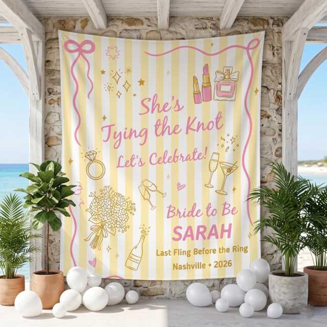 Custom Bride To Be Wall Tapestry, She's Tying The Knot Bachelorette Banner, Personalized Bridal Shower Party Backdrop - image 1