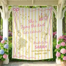 Custom Bride To Be Wall Tapestry, She's Tying The Knot Bachelorette Banner, Personalized Bridal Shower Party Backdrop - thumbnail 4