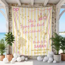 Custom Bride To Be Wall Tapestry, She's Tying The Knot Bachelorette Banner, Personalized Bridal Shower Party Backdrop - thumbnail 1