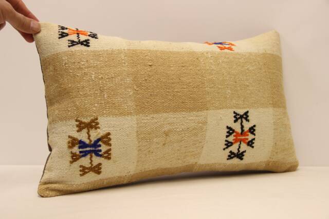 Vintage Turkish Kilim Pillow Cover, Wool Lumbar Cushion - 12x20 In - image 1