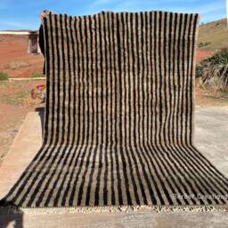 striped Moroccan Wool Rug, Soft Beni Mrirt Handmade Berber Black & Beige Area Plush Authentic Rug - thumbnail 1