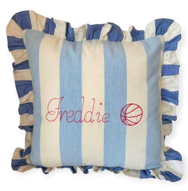 Handmade Personalised Embroidered Ruffled Cushion Cover - Bluebell & Indigo Devon Stripe Tripe, Ian Mankin Fabric - image 1