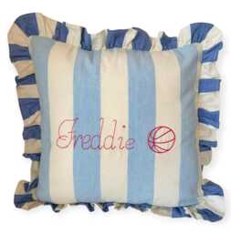 Handmade Personalised Embroidered Ruffled Cushion Cover - Bluebell & Indigo Devon Stripe Tripe, Ian Mankin Fabric - thumbnail 1
