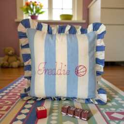 Handmade Personalised Embroidered Ruffled Cushion Cover - Bluebell & Indigo Devon Stripe Tripe, Ian Mankin Fabric - thumbnail 2