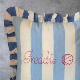 Handmade Personalised Embroidered Ruffled Cushion Cover - Bluebell & Indigo Devon Stripe Tripe, Ian Mankin Fabric - thumbnail 3