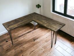 Corner Office Desk - Two Boards, Custom Made From Reclaimed Scaffold Boards & Hairpin Legs For Rustic, Industrial Look - The Laine