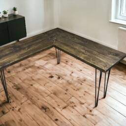 Corner Office Desk - Two Boards, Custom Made From Reclaimed Scaffold Boards & Hairpin Legs For Rustic, Industrial Look - The Laine - thumbnail 2