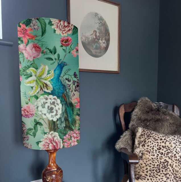 Peacock Floral Velvet Cylinder Lampshade, Duck Egg, Extra Tall Lampshade Peacock Velvet - image 1