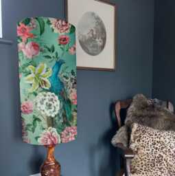 Peacock Floral Velvet Cylinder Lampshade, Duck Egg, Extra Tall Lampshade Peacock Velvet - thumbnail 1