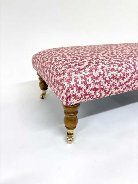 Large Upholstered Footstool in Red & White Fabric Coffee Table Patterned Large Footstool. Ottoman On Castor Legs - image 1