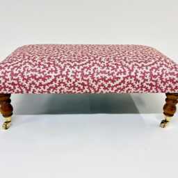 Large Upholstered Footstool in Red & White Fabric Coffee Table Patterned Large Footstool. Ottoman On Castor Legs - thumbnail 2