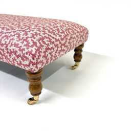 Large Upholstered Footstool in Red & White Fabric Coffee Table Patterned Large Footstool. Ottoman On Castor Legs - thumbnail 3
