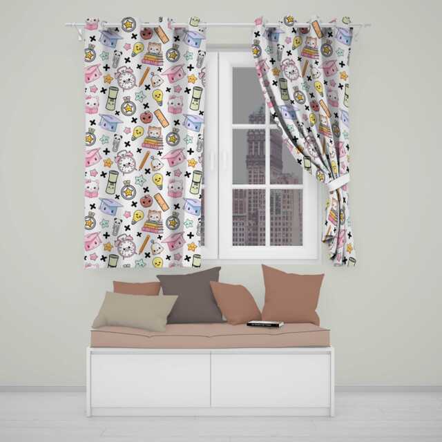 Cute Kawaii School Cat Books Apple Clock Bell Pencil Grey Seamless Pattern Readymade Eyelet Ring Top Thermal 100% Blackout Curtains - image 1
