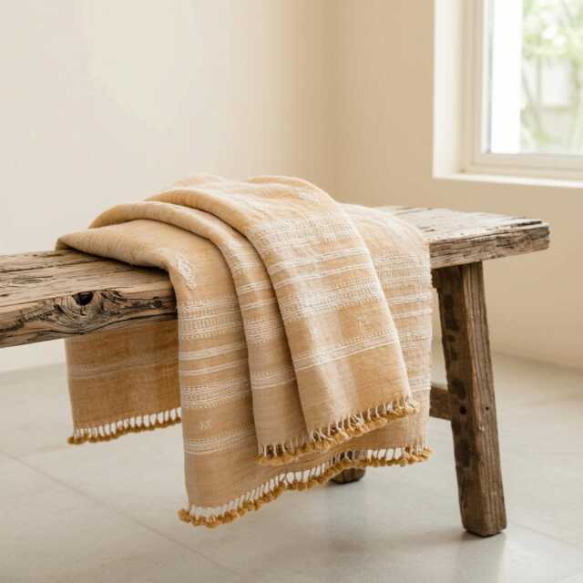 Orange Tan Indian Wool Throw Blanket, Handwoven Sofa Coverlet With Boho Bedroom Layer - Marigold - image 1