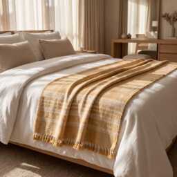 Orange Tan Indian Wool Throw Blanket, Handwoven Sofa Coverlet With Boho Bedroom Layer - Marigold - thumbnail 3