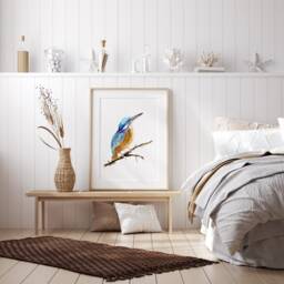 Kingfisher Watercolor Painting Art Print, Zen Bird Wall Decor - thumbnail 3