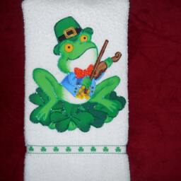 st Patrick's Day Hand Towel Bathroom Or Kitchen Irish Frog, A Ukulele, & Shamrocks - thumbnail 2