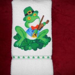 st Patrick's Day Hand Towel Bathroom Or Kitchen Irish Frog, A Ukulele, & Shamrocks - thumbnail 3