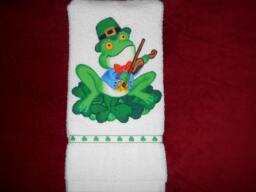 st Patrick's Day Hand Towel Bathroom Or Kitchen Irish Frog, A Ukulele, & Shamrocks - thumbnail 1
