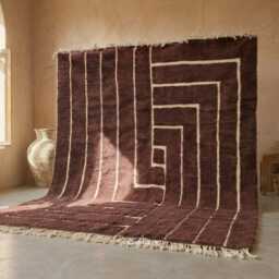 Shag Carpet, Beni Ourain Moroccan Rug, Striped Brown Tufted Burgandy Area Custom High-Quality Wool Luxuriously Soft Rug - thumbnail 2