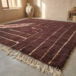 Shag Carpet, Beni Ourain Moroccan Rug, Striped Brown Tufted Burgandy Area Custom High-Quality Wool Luxuriously Soft Rug - thumbnail 4