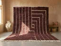 Shag Carpet, Beni Ourain Moroccan Rug, Striped Brown Tufted Burgandy Area Custom High-Quality Wool Luxuriously Soft Rug