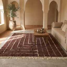 Shag Carpet, Beni Ourain Moroccan Rug, Striped Brown Tufted Burgandy Area Custom High-Quality Wool Luxuriously Soft Rug - thumbnail 3