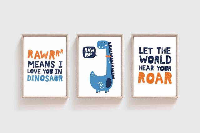 Set Of 3 Dinosaur Prints, Boys Nursery Wall Art, Bedroom Decor, Quotes, Sign, Posters - image 1