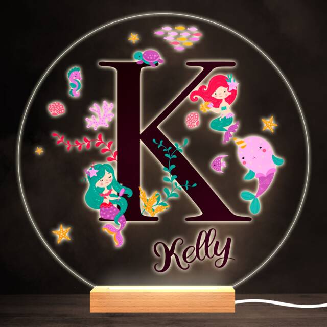 Sealife With Mermaids Alphabet Letter K Round Personalised Gift Lamp Night Light - Bedroom - image 1