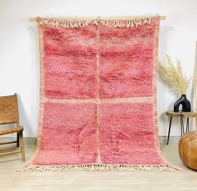 Pink White Checkered Moroccan Rug, Living Room Area Rugs, Hand Tufted Boho Decor - image 1