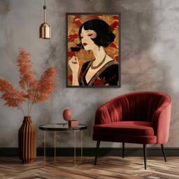 Art Nouveau Style Vintage Lady With Wine Powder Room Wall Art, Large Deco Teal Gold Retro Lovers Gift, Living Decor - thumbnail 3