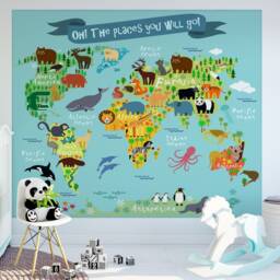 World Map Wall Mural Peel & Stick, Kids Animal Decor - thumbnail 2