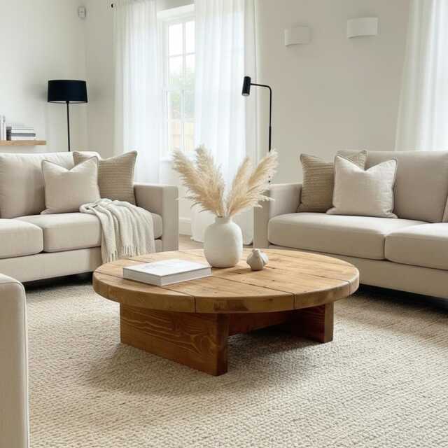 Handmade Solid Wood Round Coffee Table, Chunky Farmhouse Style - image 1