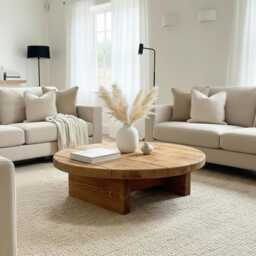 Handmade Solid Wood Round Coffee Table, Chunky Farmhouse Style - thumbnail 1