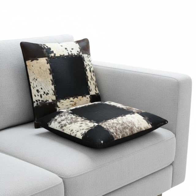 Set Of 2 Cowhide Patchwork Cushion Covers, Geometric Hair-On Hide Leather Pillow Cases - image 1