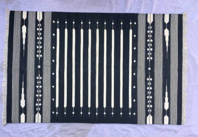 3x5 Black & White Cotton Rug Dhurrie - Stripes Handmade - image 1
