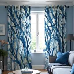 Blue Tree Branch Curtains, Watercolor Forest Pattern Drapes, Botanical Window Panels, Coastal Modern Style Custom Curtains - thumbnail 1