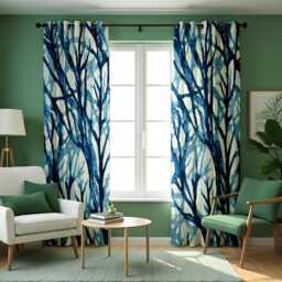 Blue Tree Branch Curtains, Watercolor Forest Pattern Drapes, Botanical Window Panels, Coastal Modern Style Custom Curtains - thumbnail 4