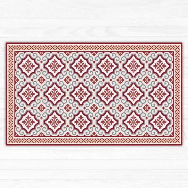Red & Grey Linoleum Rug, Area Vinyl Mat, With Tiles Decorative Boarder. Kitchen Doormat - Art Mat Printed PVC Carpet - image 1
