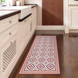 Red & Grey Linoleum Rug, Area Vinyl Mat, With Tiles Decorative Boarder. Kitchen Doormat - Art Mat Printed PVC Carpet - thumbnail 2