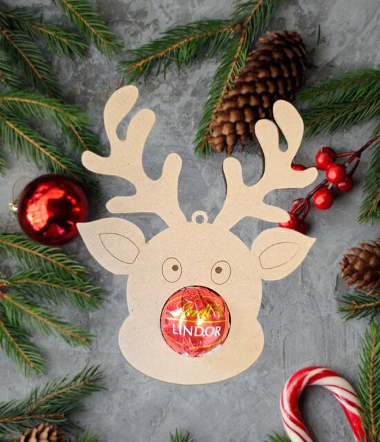 Lindt, Ferrero Rocher Raindeer Christmas Tree Decoration, Personalised, Mdf, Oak Vaneer - image 1