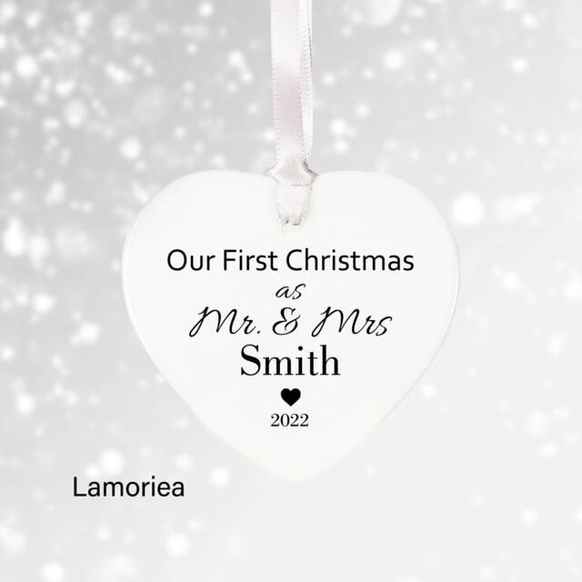 Personalised First Christmas As Mr & Mrs Bauble, Custom Engaged Creramic Ornament, Tree Decoration, Couple Gift - image 1