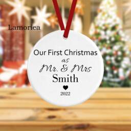 Personalised First Christmas As Mr & Mrs Bauble, Custom Engaged Creramic Ornament, Tree Decoration, Couple Gift - thumbnail 2