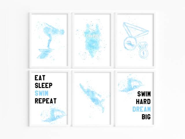 Personalised Swimmer Prints, Blue Swimming Wall Art, Kids Bedroom Decor, Prints For Kids, Name Print, Swim Decor - image 1